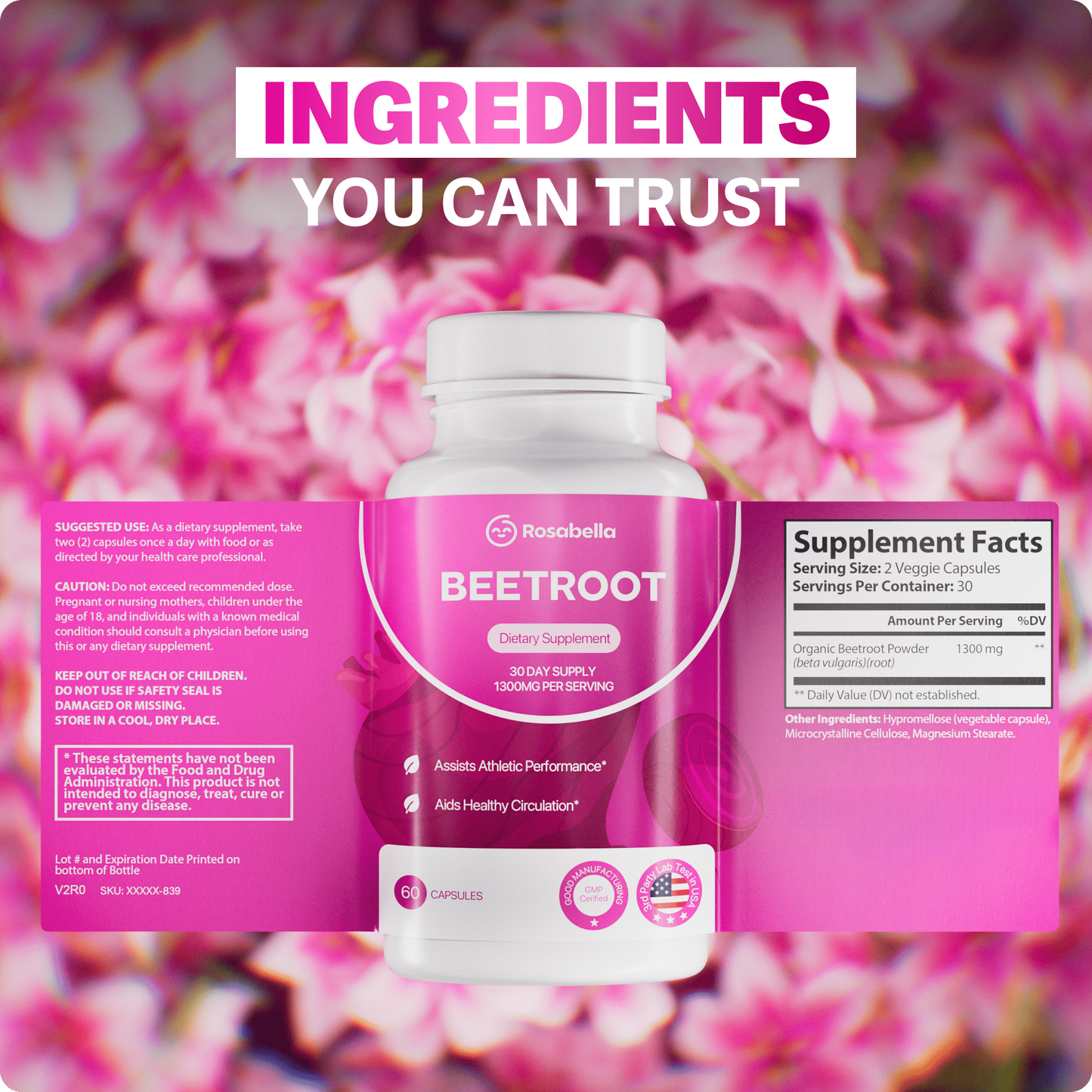 Organic Beet Root Capsules - 1300mg Beet Root Powder Aids Healthy Circulation & Vitality, Non-GMO, Beet Root Supplement - 60 Capsules, 30-Day Supply