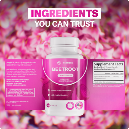 Organic Beet Root Capsules - 1300mg Beet Root Powder Aids Healthy Circulation & Vitality, Non-GMO, Beet Root Supplement - 60 Capsules, 30-Day Supply