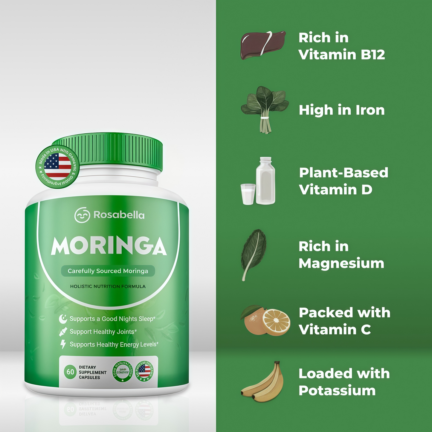 Moringa Capsules - Pure Moringa Powder, Energy, Skin, Immune & Gut Health Superfood, Rich in Antioxidants, Essential Vitamins & Amino Acids, Natural Green Superfood Supplement - 60 Count