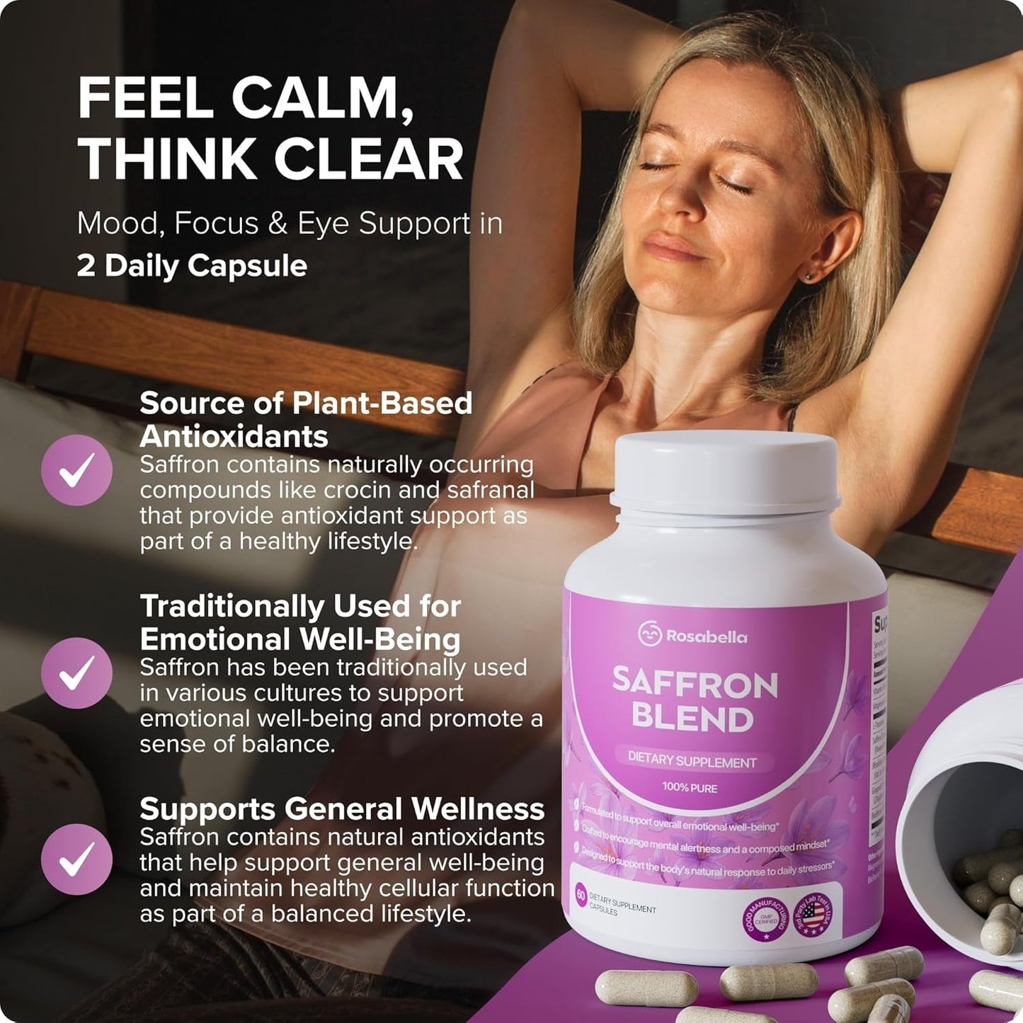 Saffron Blend Supplement for Men & Women – Saffron, B6, Magnesium & Herbal Extract Capsules – Supports Mood, Focus & Clarity – Non-GMO, Gluten-Free – 60 Capsules – 30-Day Supply