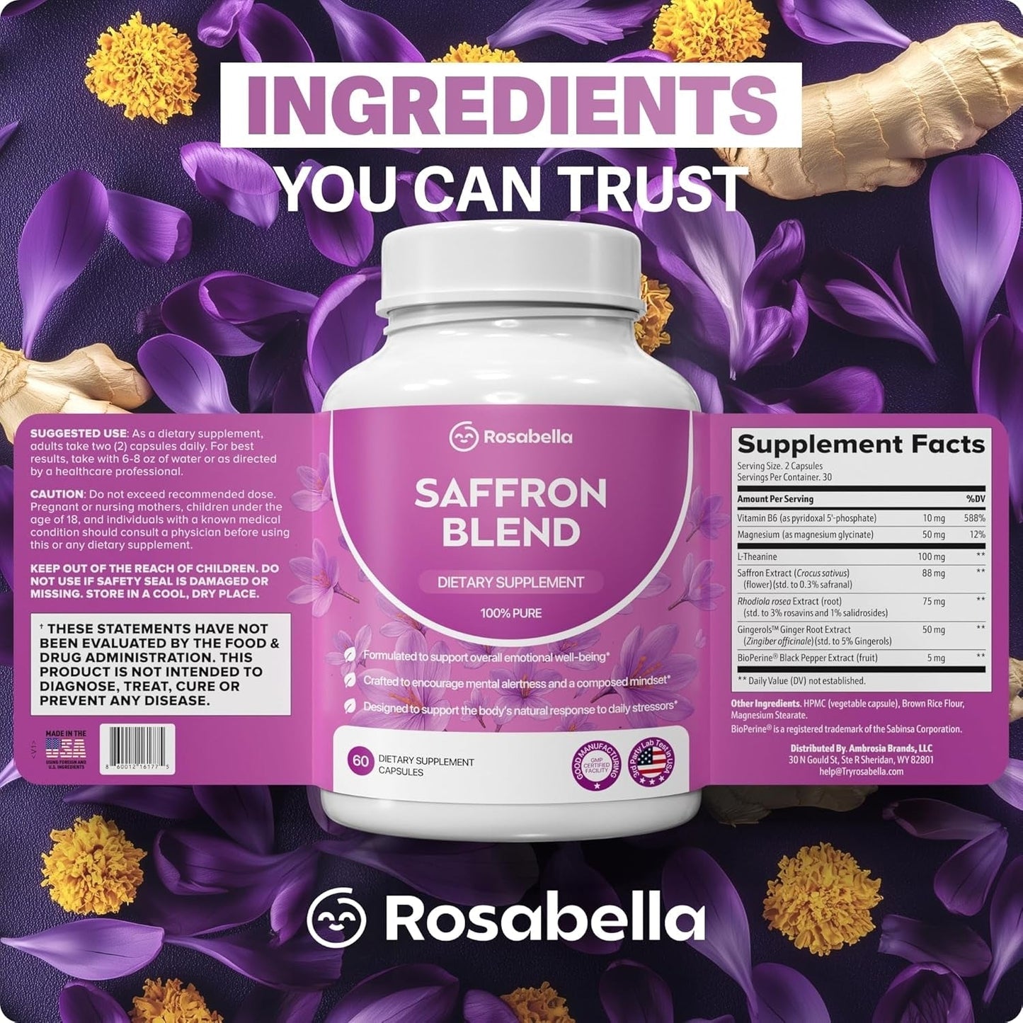 Saffron Blend Supplement for Men & Women – Saffron, B6, Magnesium & Herbal Extract Capsules – Supports Mood, Focus & Clarity – Non-GMO, Gluten-Free – 60 Capsules – 30-Day Supply