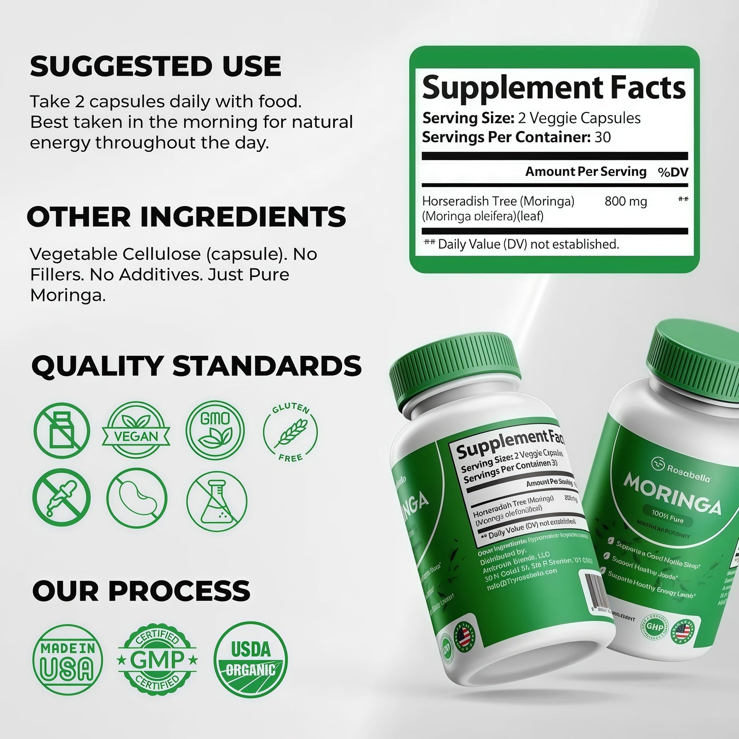 Moringa Capsules - Pure Moringa Powder, Energy, Skin, Immune & Gut Health Superfood, Rich in Antioxidants, Essential Vitamins & Amino Acids, Natural Green Superfood Supplement - 60 Count