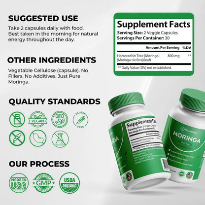 Moringa Capsules - Pure Moringa Powder, Energy, Skin, Immune & Gut Health Superfood, Rich in Antioxidants, Essential Vitamins & Amino Acids, Natural Green Superfood Supplement - 60 Count