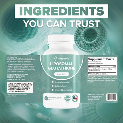 Liposomal Glutathione 500mg – High Absorption Glutathione Supplement, Antioxidant Support, Cellular Health & Detox Support, 60 Capsules, 30 Day Supply, Daily Antioxidant Capsules