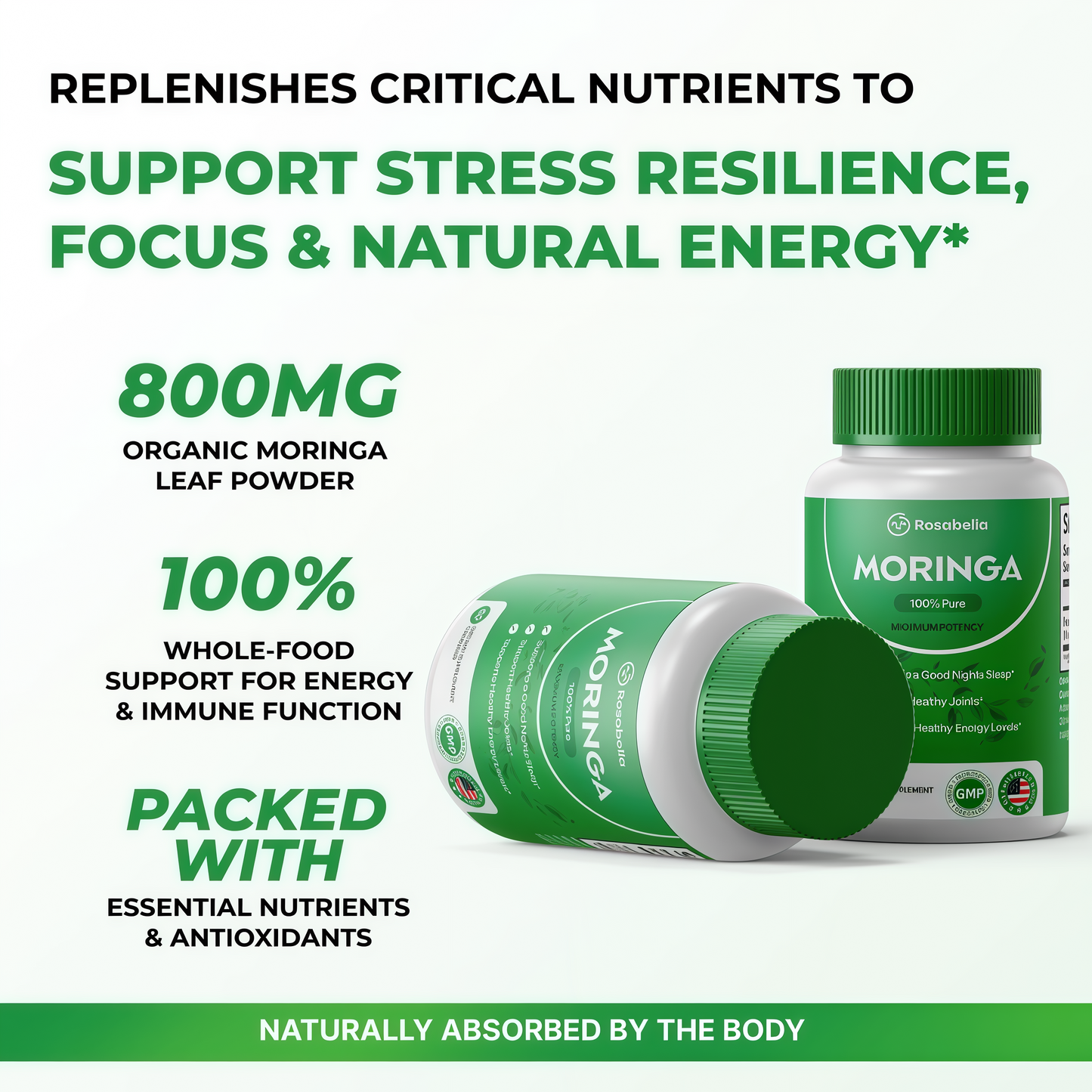 Moringa Capsules - Pure Moringa Powder, Energy, Skin, Immune & Gut Health Superfood, Rich in Antioxidants, Essential Vitamins & Amino Acids, Natural Green Superfood Supplement - 60 Count